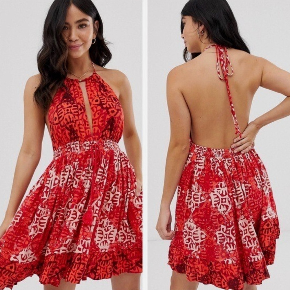 Free People Red Patterned Halter Mini Dress